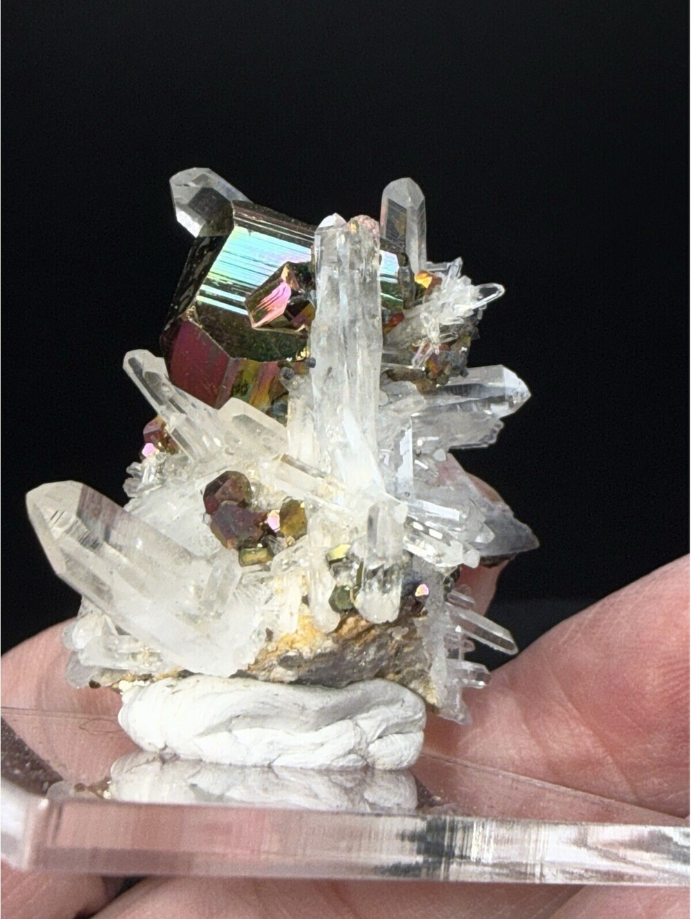 Naturally Iridescent Pyrite on Quartz Crystal Mineral Specimen Indonesia